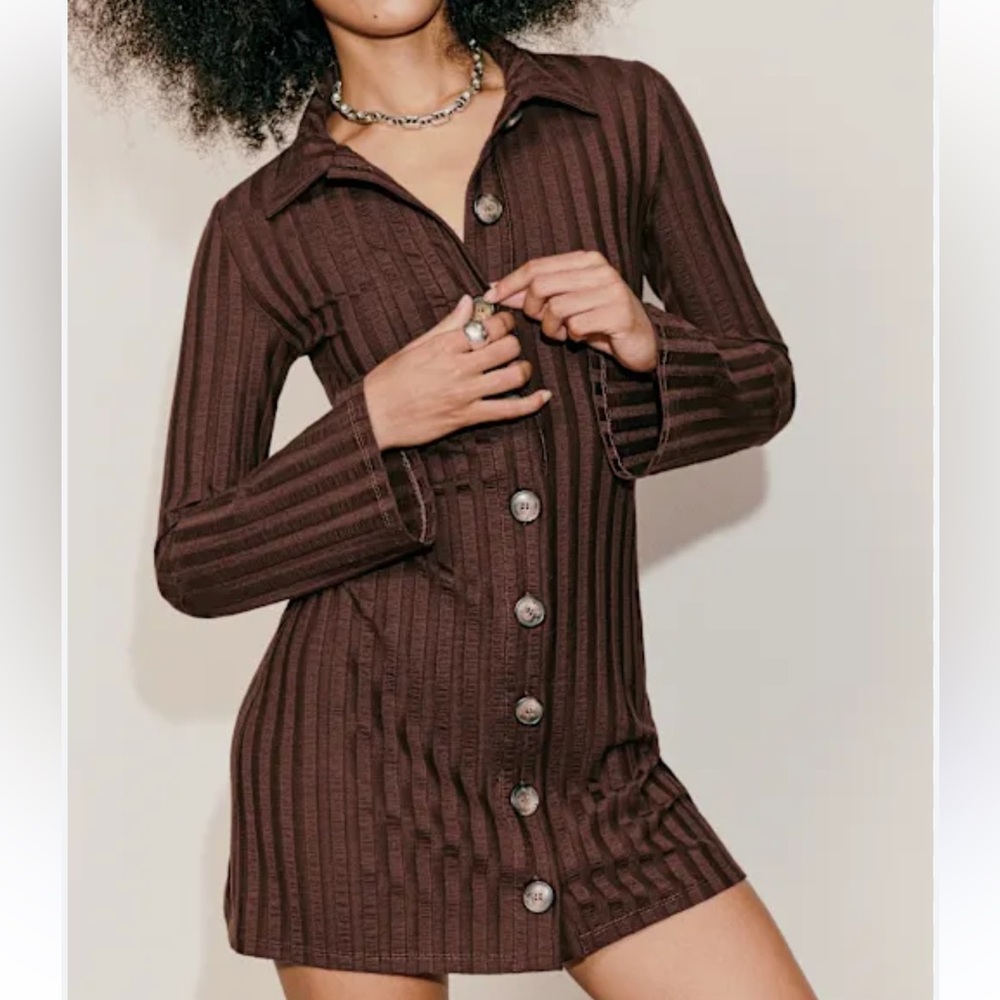 Reformation Benton Brown Ribbed Button-Up Dress